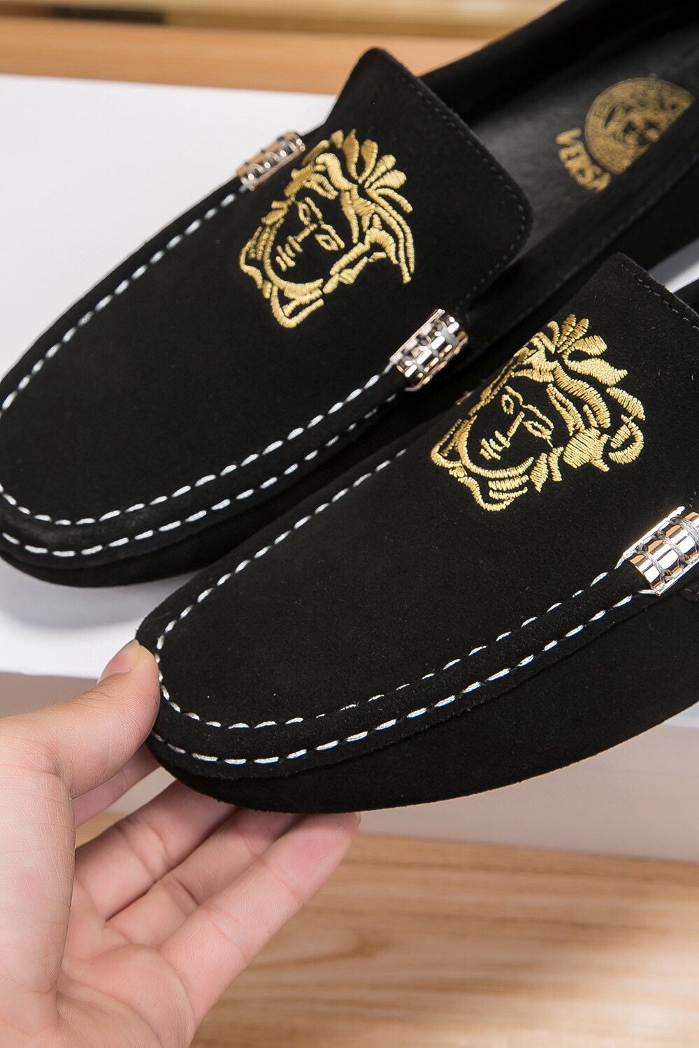 Versace Men's Gold-Embroidered Loafers
