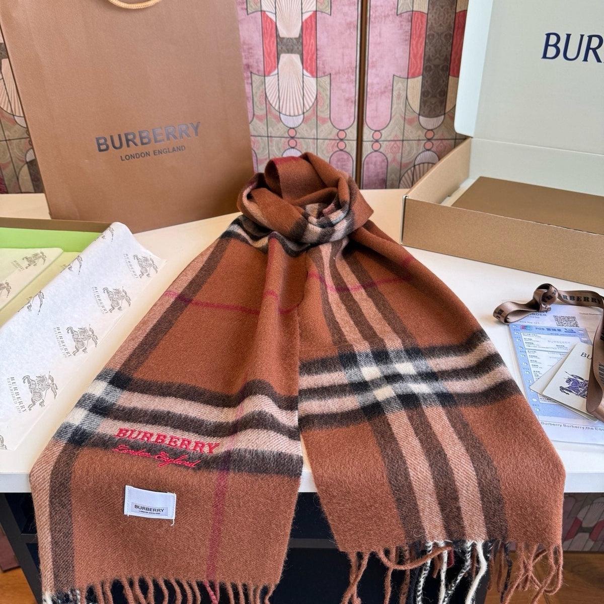 Burberry Brown Plaid Fringed Scarf