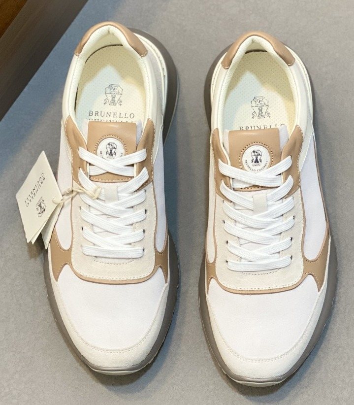 Brunello Cucinelli White and Beige Low-Top Sneakers