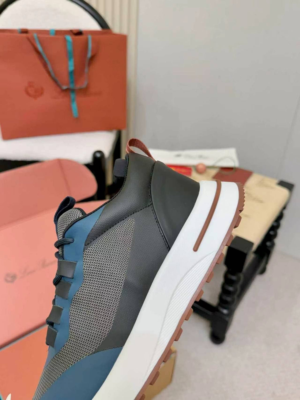 Loro Piana Navy Blue Teal Low-Top Sneakers