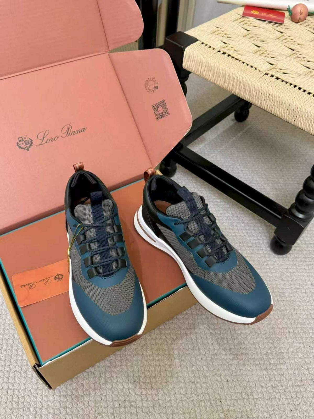 Loro Piana Navy Blue Teal Low-Top Sneakers