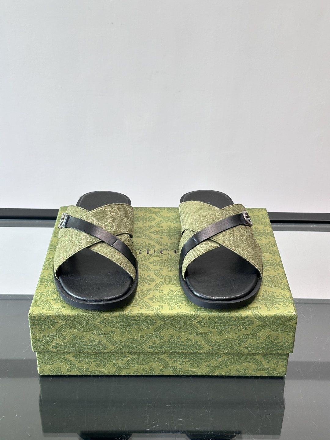 Gucci Gray and Black Cross-Strap Slide Sandals